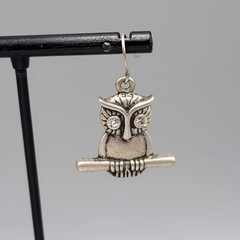 Owl Pierced Earrings Silver tone Dangle Embossed Oxidized 1 in