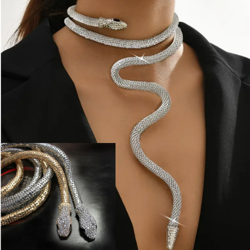 Snake Necklace Rhinestone Wrap Mesh Choker Silver Gold Serpent Hair Body Chain
