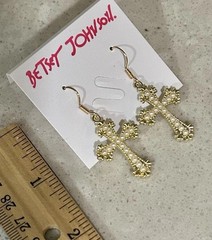 Betsey Johnson Yellow Enamel Crystal Pearl Crucifix Cross Dangle Earrings NWT