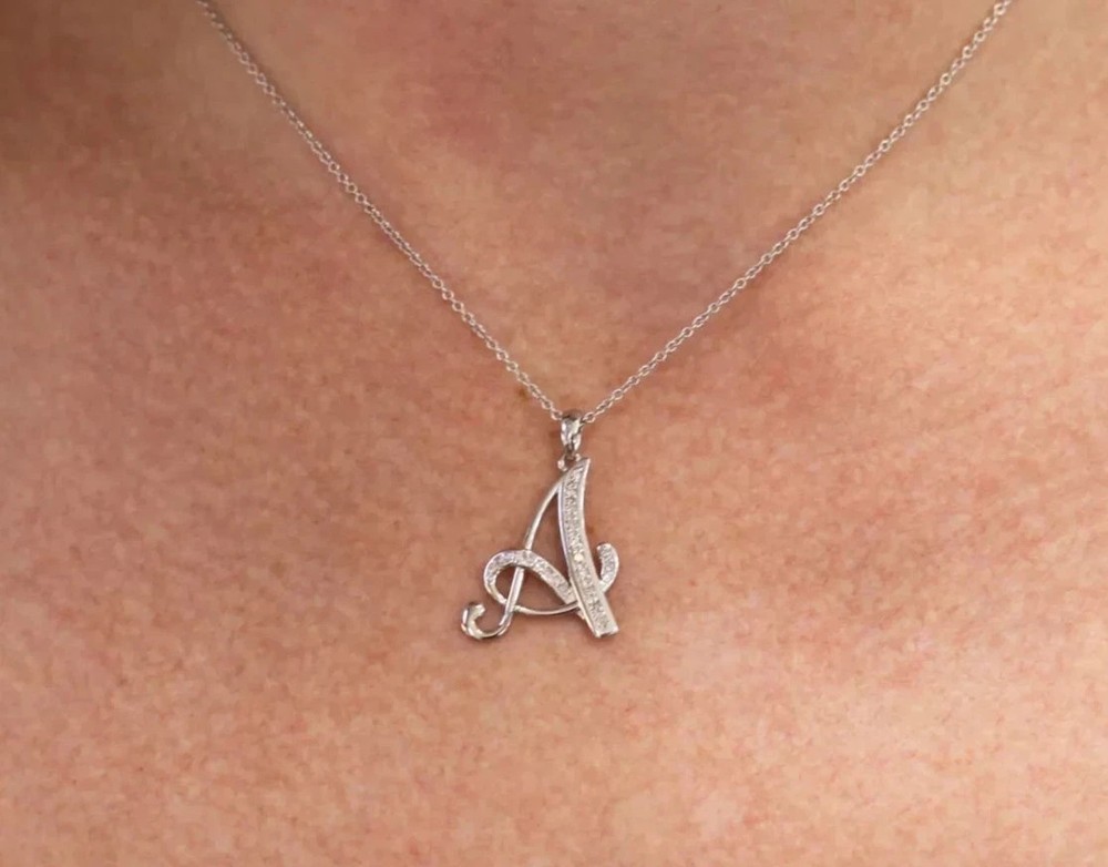 14k White Gold Plated Letter A Initial Pendant Round Cut 1.0Ct Simulated Diamond