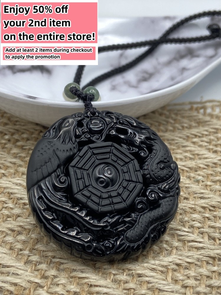 Jade Obsidian Dragon Charm Pendant Necklace Beads Cord Handmade Tai Chi diagram
