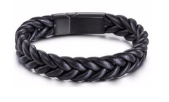 Unisex Black or Brown Stainless Steel and Woven Leather Cuff Bracelet Wristband