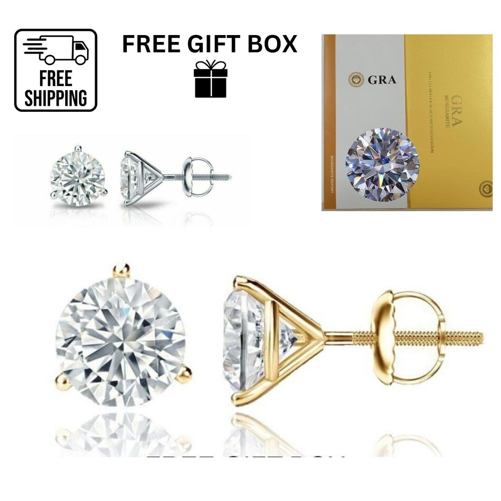 14K Gold GRA Certified D-VVS1 Round Moissanite Martini Screw Back Stud Earrings