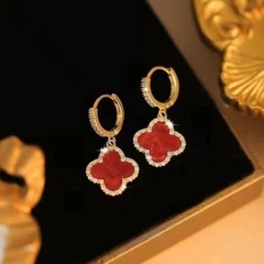 14k Gold Four Leaf Clover Flower Drop Dangle Earrings