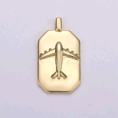 14k Gold Rectangle Medallion Airplane Charm, Dainty Travel Pendant for DIY Neckl