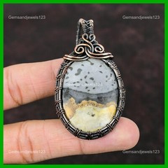 Womens day Sale Oval Natural Palm Root Agate Wire Wrapped Pendant Jewelry Copper