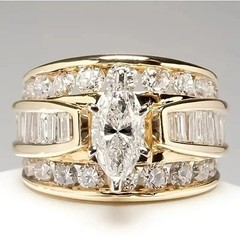 Gold Tone Zircon Ring Women Three Row Geometric Wedding Anniversary Jewelry