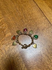 Vintage Agatha Paris Gold Tone Heart Charm Bracelet 8” Red, Green, Amber Resin