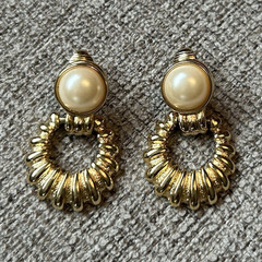 Vintage Givenchy Signed Gold Tone Faux Pearl Round Dangle Drop Clip-On Earrings