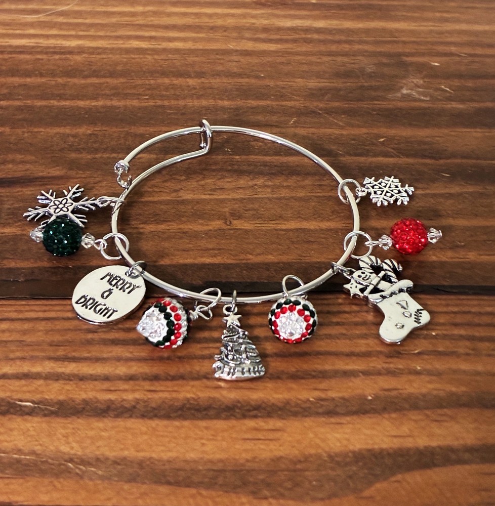 Christmas Adjustable Silver tone Bangle Charm Bracelet 4