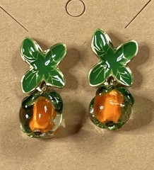 3D Orange & Clear Glass Drop Persimmon Pierced Earrings with Enameled Gold 1.25”