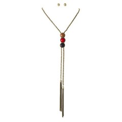 Gold-Tone Chain Tassel Necklace Set Y Shaped Bolo Look Brown Red Black Accents