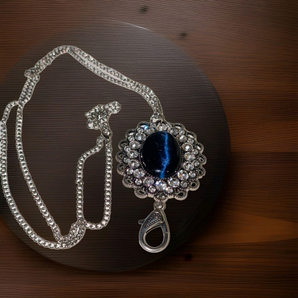 Silver Tone Blue Oval Crystal Cluster Halo Pendant Cable Chain Necklace . #27