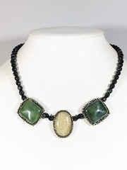 Black Glass Bead green Ivory Color Acrylic Square Oval Cabochon Necklace 16.5 in