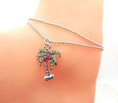 Pink Coconut Palm Tree Anklet Ankle Bracelet Bold Crystal Silver Plated NEW