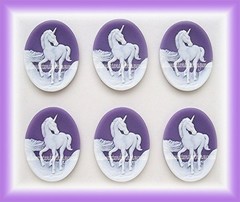 6 Unset WHITE UNICORNS on PURPLE 25mm x 18mm Costume Jewelry CAMEOS for Crafts