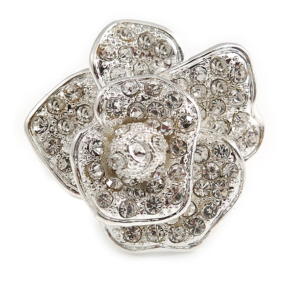 Clear Crystal Rose Flower Ring In Silver Tone – 30mm D – 7/8 Size Adjustable