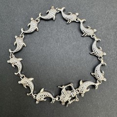 Vintage Silver Plated Dolphin bracelet with Authentic Diamond Accents 7.5 Inch