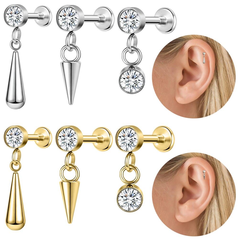 1/2Pcs Stainless Steel Threaded Stud Earrings CZ Dangle Helix Conch Piercings