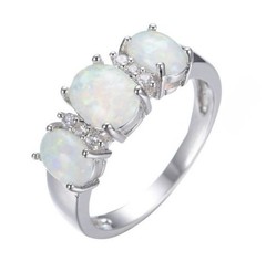Stunning White Fire Opal CZ Three-Stone Ring Size 9