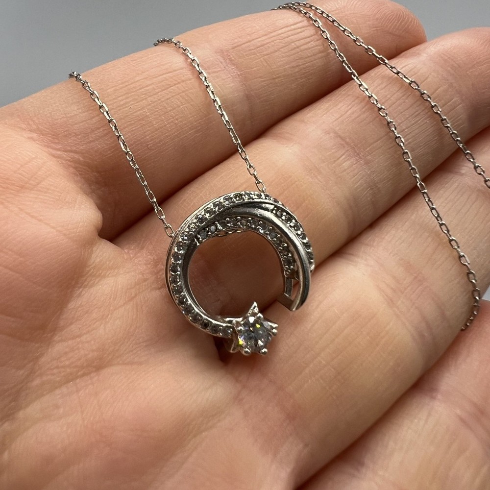 925 Sterling Silver Crescent Moon & Star Pendant Necklace with CZ Stones