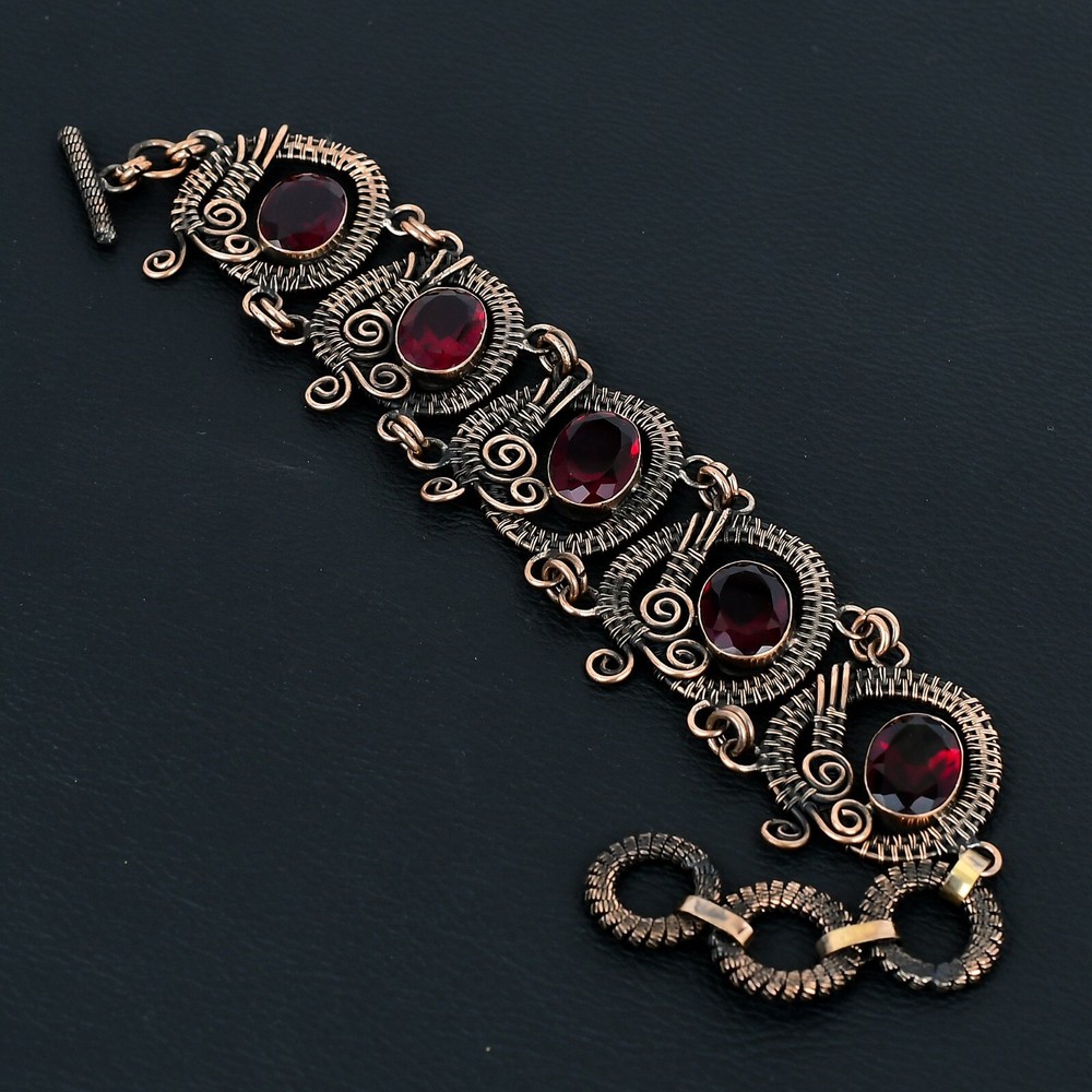Beautiful Red Garnet Handmade Gemstone Copper Wire Wrapped Jewelry Bracelet