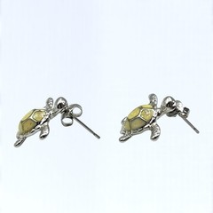 Sea Turtle Earrings Stud Silver Tone Cream Glitter Inlay Beach Tropical Vacation