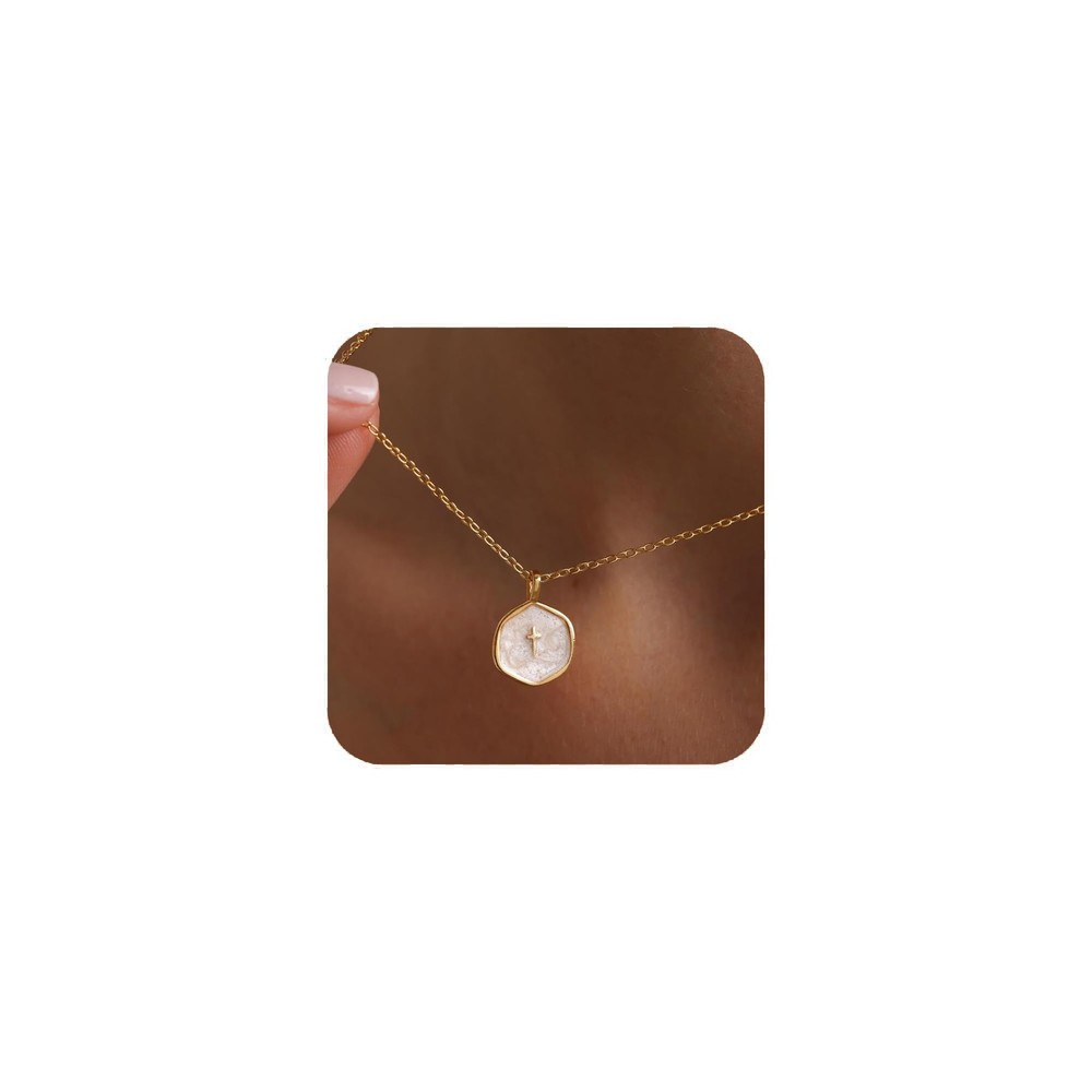 Small Cross Necklace for Women, Dainty 14K Gold Plated 14mm, pearl white