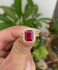 3.10 Ct Emerald Cut Natural Ruby Diamond Wedding Ring 14K Solid Yellow Gold