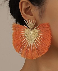 Orange Earrings Big Bohemian Boho Thread Gold Statement Earrings Large