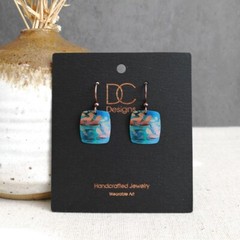 DC Designs Abstract Foliage Small Square Earrings in Teal and Brown 29NS Unique