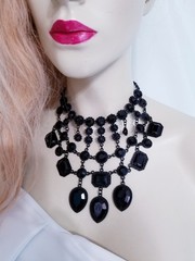 Black Statement Choker Rhinestone Resin Necklace Bridal Prom Pageant Gothic