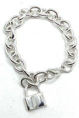 Stainless Steel Round link Chain Bracelet wuth Padlock Charm Size 7.5 Inches