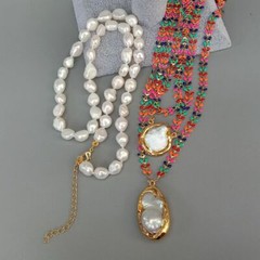 Multi Color Enamel Chain White Baroque Pearl Necklace Keshi Pearl Charm Pendant