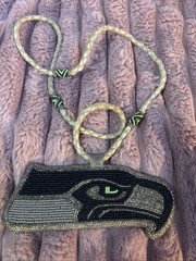 Seahawks Necklace Hand Beaded Medallion Leather Backing