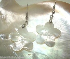 25mm White Mother of Pearl Hawaiian Plumeria Flower Dangling 316L Hook Earrings