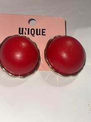 Oversized Round Gold Metal Studs Featuring Domed Red Wood Detail