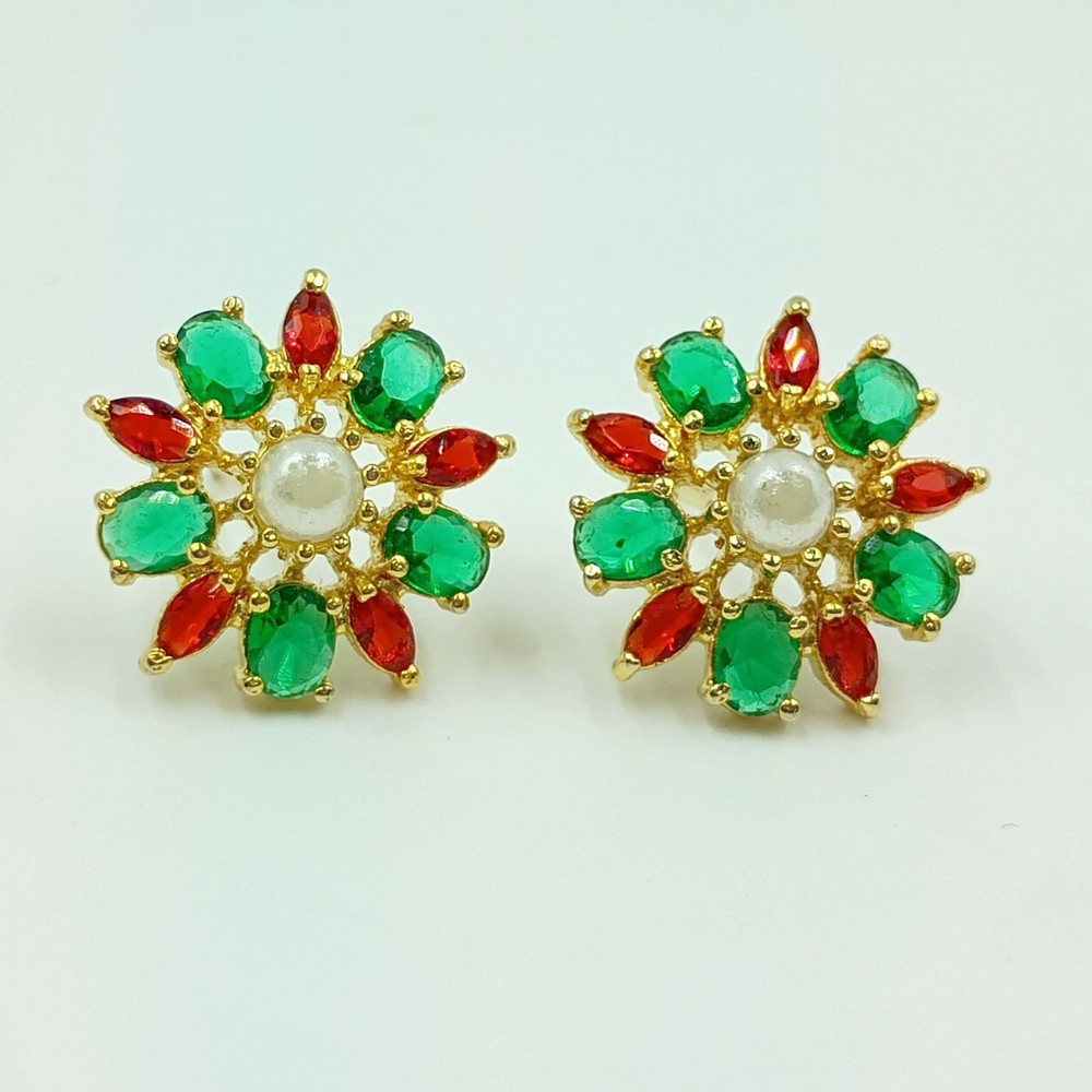 Elegant Ruby Emerald Pearl Stud Earrings 22k Gold Plated Indian Ethnic Jewelry