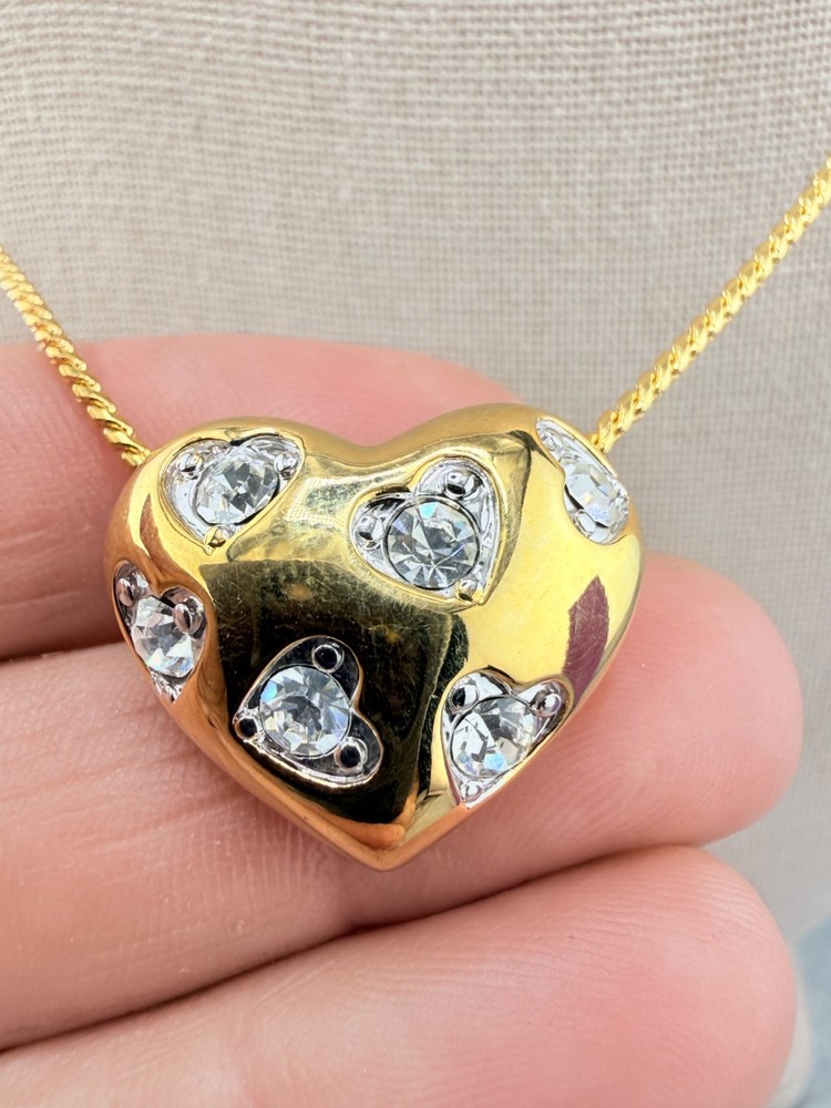 Nolan Miller Forever Heart Necklace Puffy Rhinestone Gold Tone 22″
