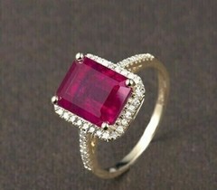 Emerald Cut Simulated Pink Ruby Women’s Stunning Halo Ring 14K White Gold Plated