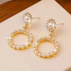 Gold Tone Round Hoop Dangle Drop Earrings White Imitation Pearl Rhinestone