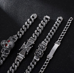 Mens Titanium Steel ID Bracelet Silver Cuban Link Chain Gothic Punk 21.5cm