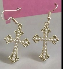 Betsey Johnson Yellow Enamel Crystal Pearl Crucifix Cross Dangle Earrings NWT
