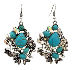 Silver Tone Turquoise Oval Cluster Crystal Bohemian Dangle/Drop Hook Earrings
