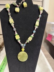 Artisan Lampwork Glass Necklace Bracelet Set Green Stone AB Crystal Floral