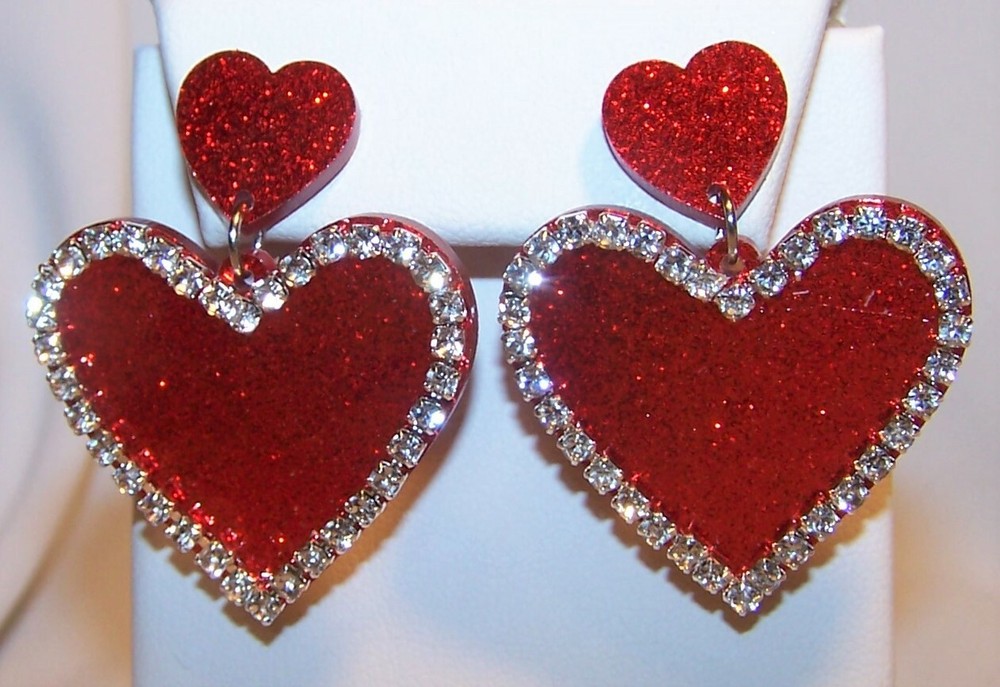 Red Plastic Rhinestone Heart Earrings-Clear Stones-New