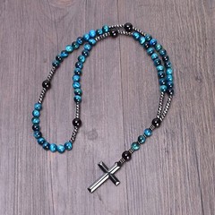 Blue Tiger’s Eye Obsidian Stone Beaded Necklace Beaded Hematite Cross Pendant