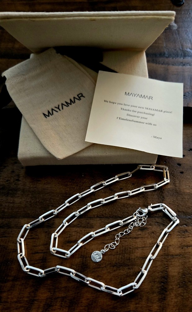 Mayamar Heavy Plated Silver Paper Clip Chain Necklace New Dust Bag Box