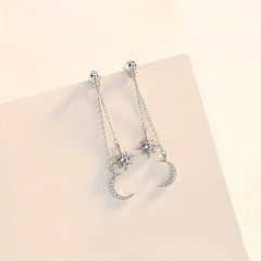 Women’s Long Tassel Ear Studs Inlaid Synthetic Zircon Star Moon Earrings Alloy
