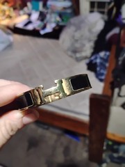 Authentic Hermes Clic H bracelet gold plated black enamel narrow bangle